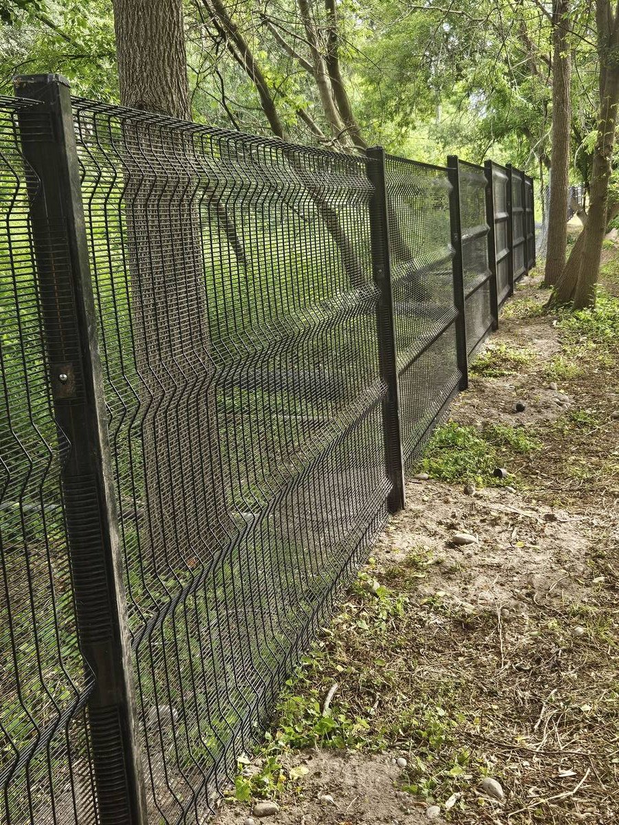 Black security mesh fence panels installed along a wooded property line